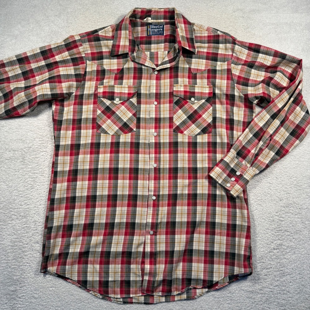 Vintage DeeCee Rangers Plaid Pearl Snap‎ Western Shirt Mens L Made in USA
